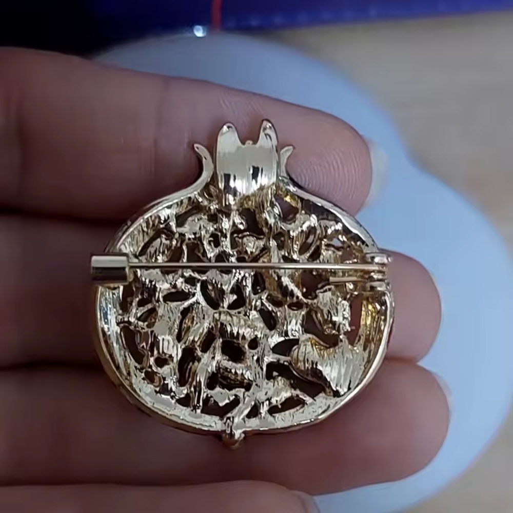 Ruby Red Pomegranate Crystal Gold Brooch - Picture 11 of 12